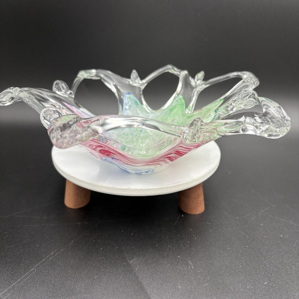 Hand Blown Blue Green Pink Clear Art Glass 9" Bowl Murano Style Starfish